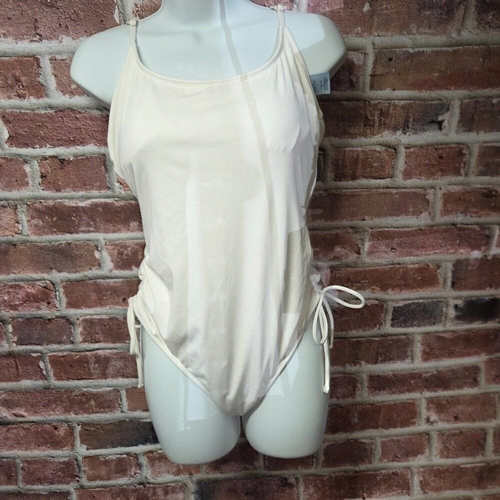 Shade & Shore One Piece Swimsuit Large Off White Ribbed Scoop Neck Adjustable